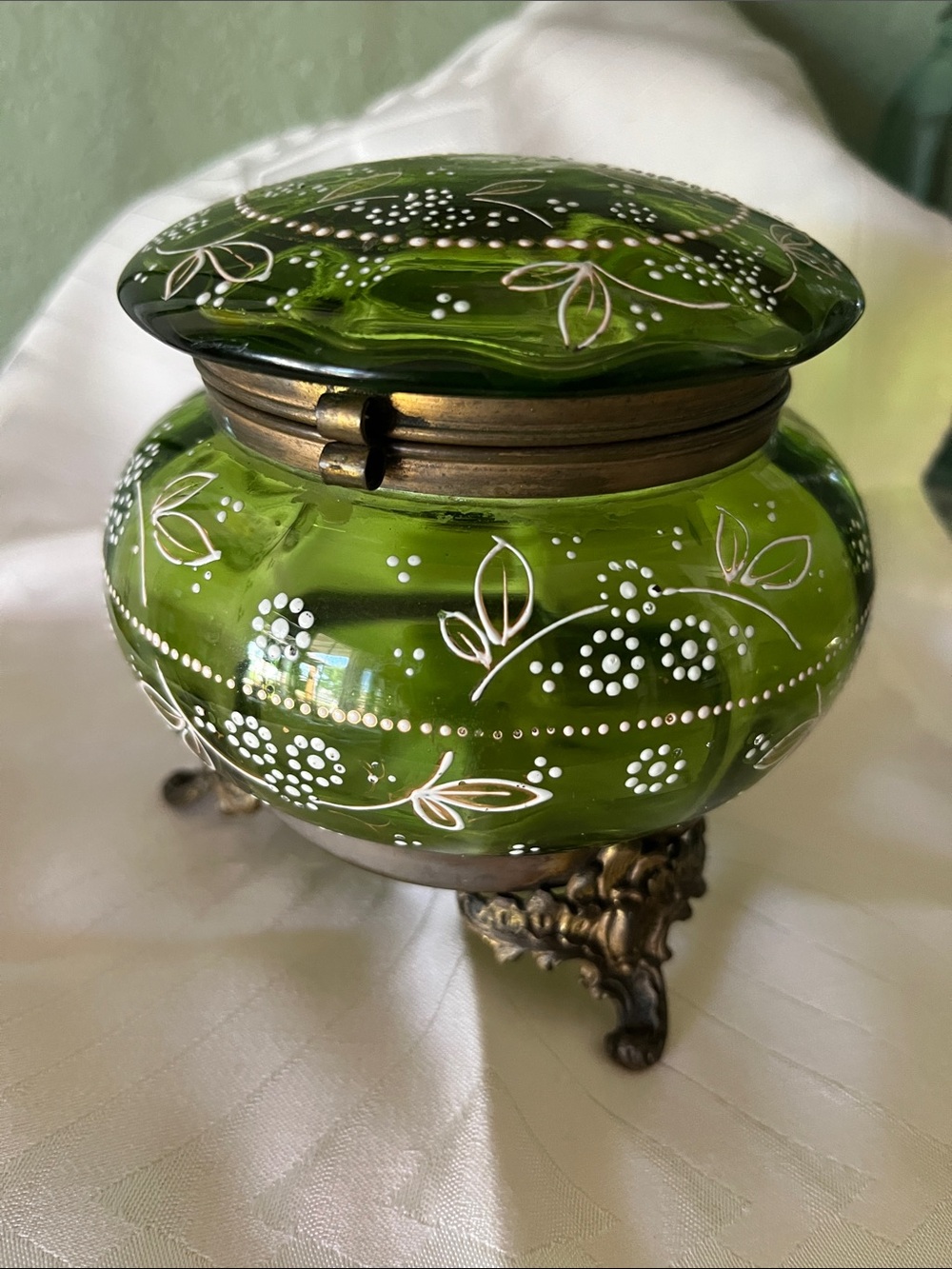 Vintage Green Glass Decorative Jar with White Floral Enamel